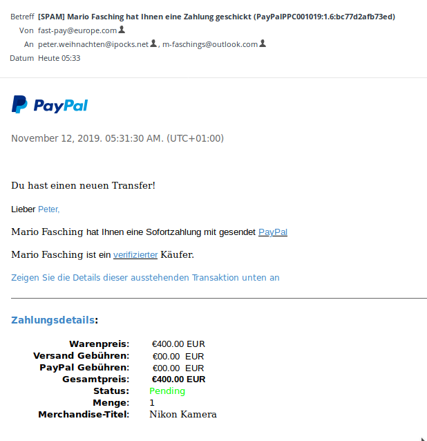 gefällschte Paypal-E-Mail